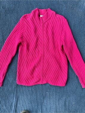 Vintage Talbots Women's S Mock Neck Ribbed Full Zip Cardigan Sweater Pink Cotton